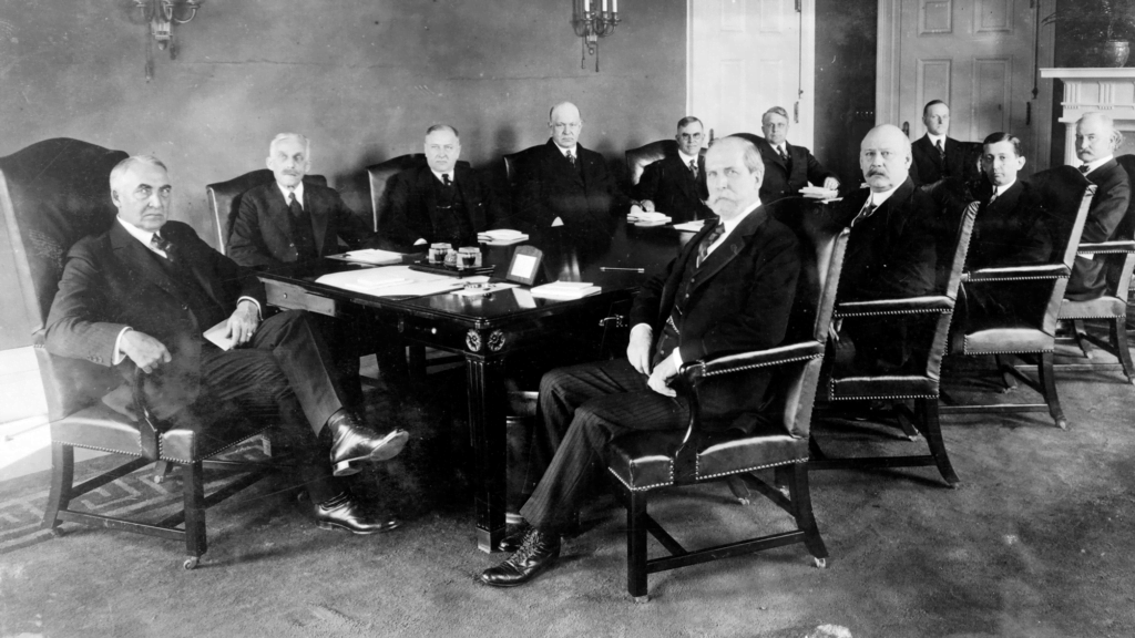 President Warren G. Harding holds his first cabinet meeting in 1921. (Library of Congress)